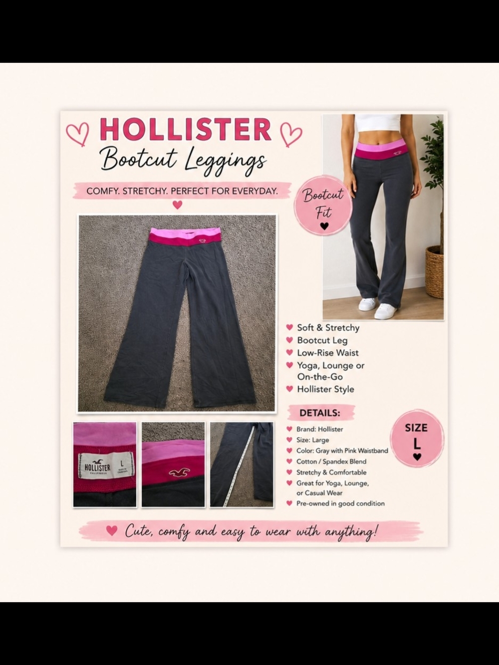 Hollister Womens Gray Bootcut Leggings with Pink Waistband